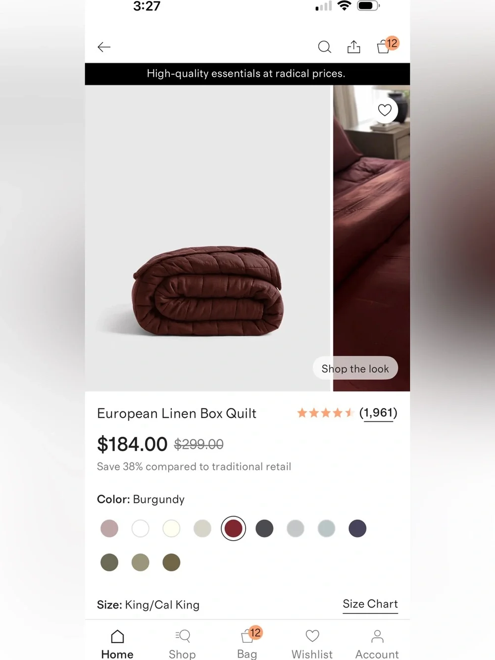 NWOT Quince European Linen Box Quilt in Burgundy King/Cal King - Retail $184